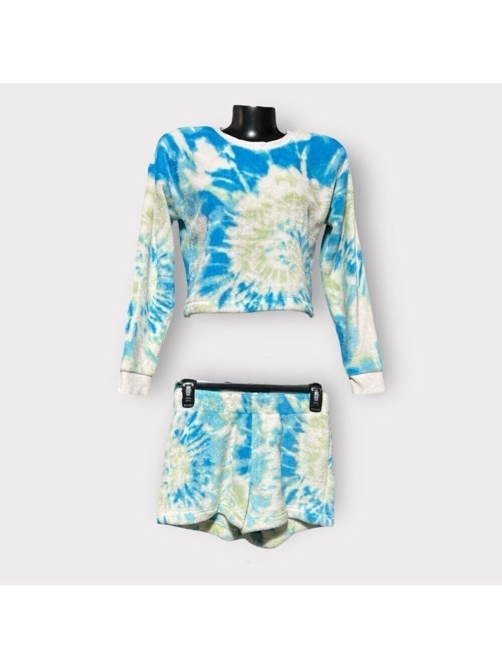 40 NEW Plush Shorts Sweater Loungewear Set Womens XS Blue White Tie-Dye Auction